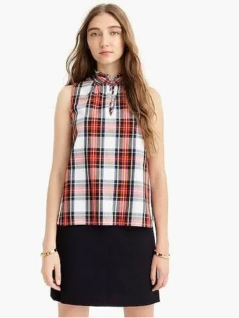 J. Crew blouse tartan Plaid Sleeveless Tie-Neck festive ruffle cotton holiday